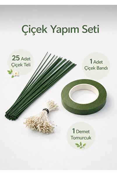iğne izi Çiçek Yapım Seti - 25 Adet 40 cm Çiçek Teli + Çiçek Bandı + 7 gr Tom...