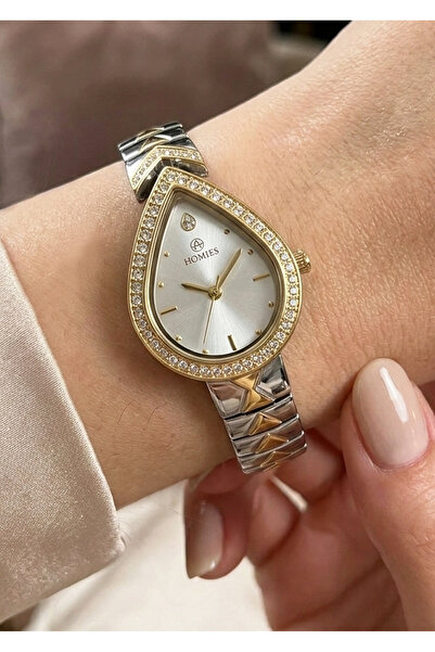 Homies Women's Silver Gold Metal Cord Drop Case White Dial Stone Detailed Wri...