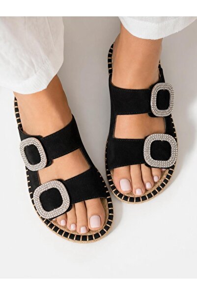 İncimoda Suede Women's Slippers with Stone Buckle - Modern Design Summer Sandals