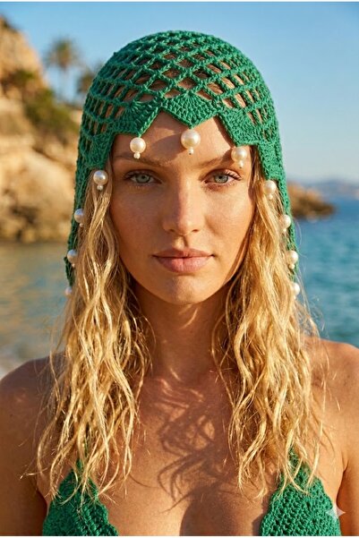 Belifanti Collection Women's Emerald Green Summer Mesh Bandana Hat with Pearl...