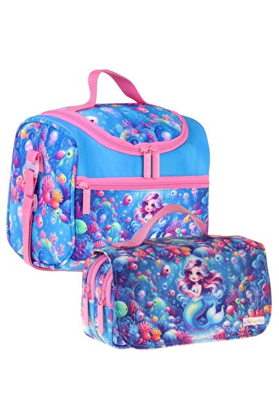 KAUKKO Kids Girl's Coral and Mermaid Printed Pink - Blue Thermo Lunch Box and...