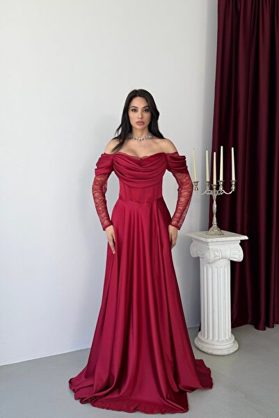 Serica Moda Bordo Kayık Yaka Balenli Dantel Detaylı Uzun Abiye Elbise