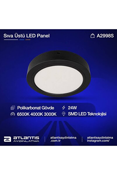Atlantis 24 Watt Sıva Üstü Led Panel Polikarbonat Armatür Siyah Gövde, Günışı...