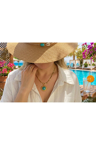 SoulSisco Jewellery Turkuaz Taşlı Güneş Figürlü Çelik Kolye - Etnik ve Modern...