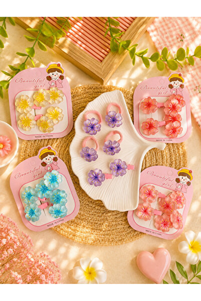 Nisankids Girl's Sakura Flower Hair Clip and Rubber Band Set 6 Pieces Colorfu...
