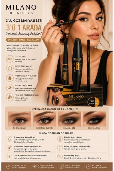 MİLANO BEAUTYS 3in1 Maskara-Göz Kalemi-Eyeliner Seti Suya Dayanıklı