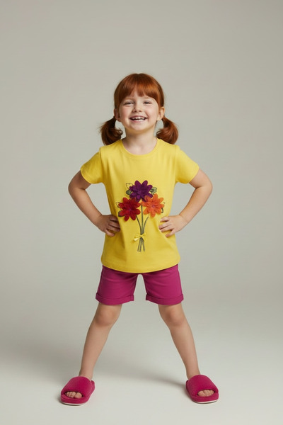 Pitti Girl's Yellow T-Shirt with Floral Pattern on the Front