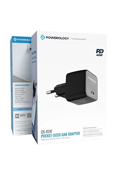 Powerology محول QX 45W محمول الحجم بتقنية GAN باللون الأسود