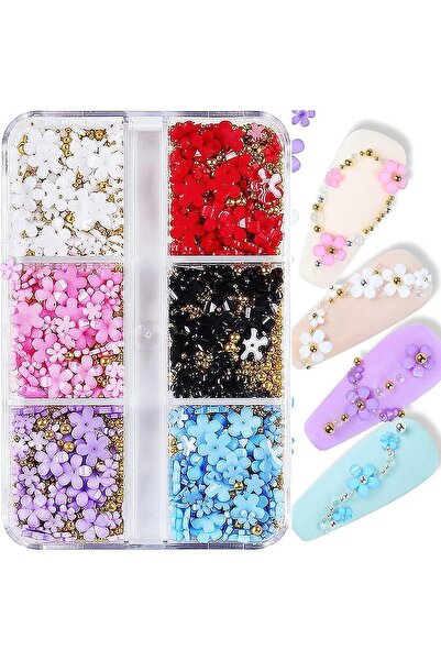 Arabest Colorful 3D Flower Nail Accessories,Pearl,Golden Round Beads,6 Grids,...