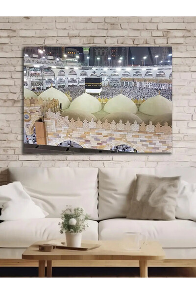 Kabe Manzaralı Mescidi Haram Gece Ibadeti Kalabalık Hac Atmosferi İslami Duvar Tablosu kırılmaz temperli cam tablo