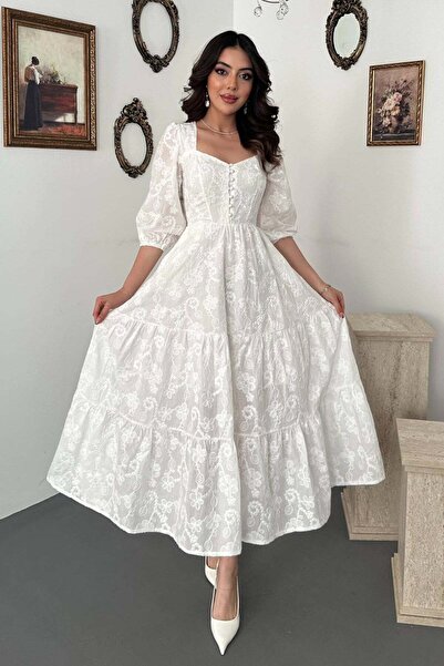Caddebostan Moda Square Collar Buttoned Embroidered Midi Layered Dress