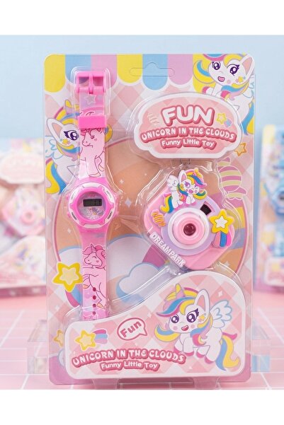 Nurbahar çocuk pembe unicorn figürlü dijital kol saati ve oyuncak kamera seti