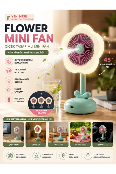 GudeX Çiçek Tasarımlı USB Şarjlı Mini Vantilatör Gece Lambalı 3 Kademeli Fan