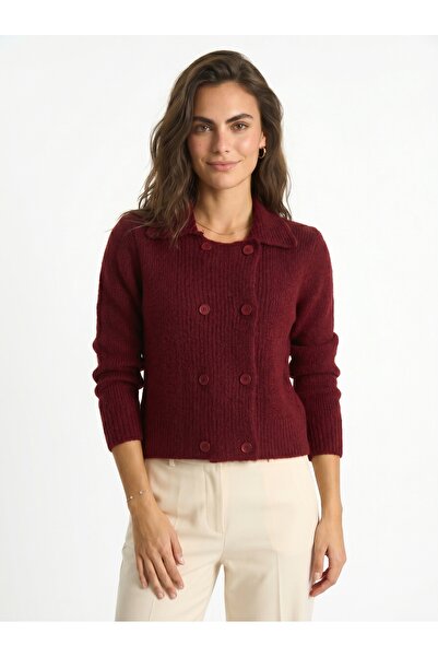 ONLOOX Burgundy Soft Textured Polo Collar Long Sleeve Standard Fit Double-Bre...