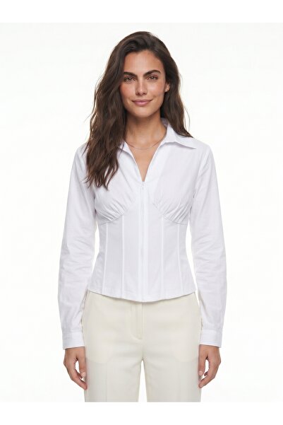 ONLOOX White Cotton Shirt with Collar, Long Sleeves, Body-Fitting, Zippered B...