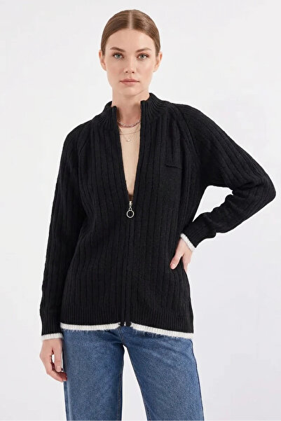 Şeker Portakalım Women's Zippered Collar Vertical Striped Knitwear Black Card...