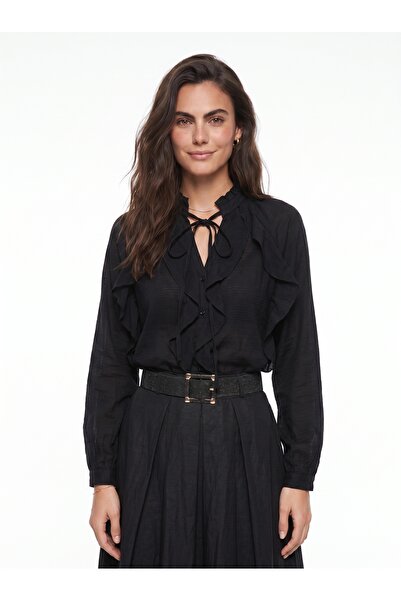 ONLOOX Black Lyocell Blend Long Sleeve Flowy Cut Ruffle Detailed Bow Tie Butt...