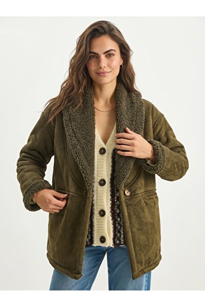 ONLOOX Khaki Suede Textured Shawl Collar Coat with Fur Inside and Pocket Deta...