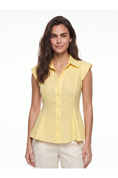 ONLOOX Yellow Cotton Linen Textured Shirt with Collar, Waistband, Flounce Ski...