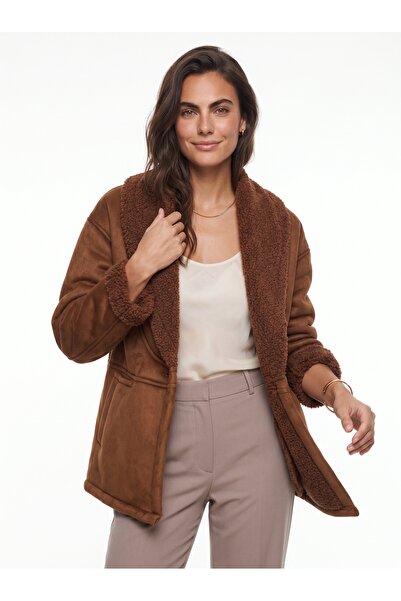 ONLOOX Light Brown Suede Textured Shawl Collar Coat with Stretchy Fabric and ...