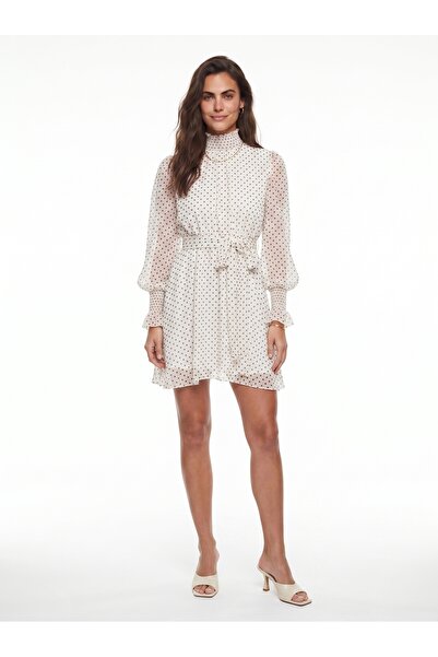 ONLOOX White Polyester Polka Dot Long Sleeve Gipeli Belted Waist Lined Flowy ...