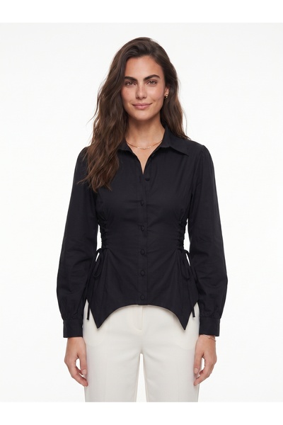 ONLOOX Black Cotton Classic Collar Long Sleeve Poplin Shirt with Side Lacing ...