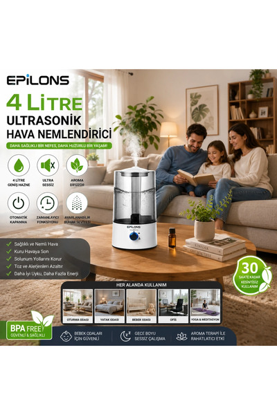 Eco Lounge RBH-04 Ultrasonik Hava Nemlendirici 4 Litre Buhar Makinesi Aroma Difüzörü - Otomatik Kapanma
