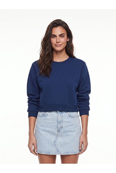 ONLOOX Navy Blue Ribbed Crew Neck Basic Crop Long Sleeve Sweatshirt with Ribb...
