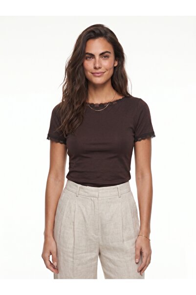 ONLOOX Bitter Coffee Soft Touch Viscose Boat Neck Fitted Short Sleeve Blouse ...