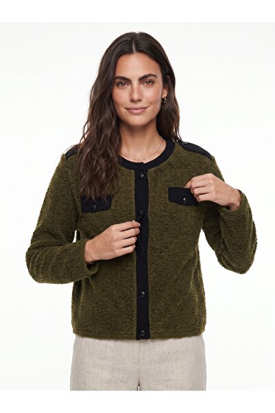 ONLOOX Khaki Cotton Blend Round Neck Standard Fit Cardigan with Double Pocket...