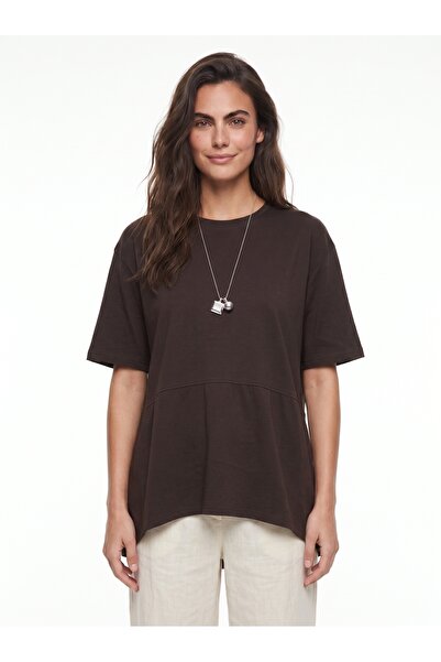 ONLOOX Bitter Brown Viscose Blended Crew Neck Oversize Asymmetrical Cut Garni...