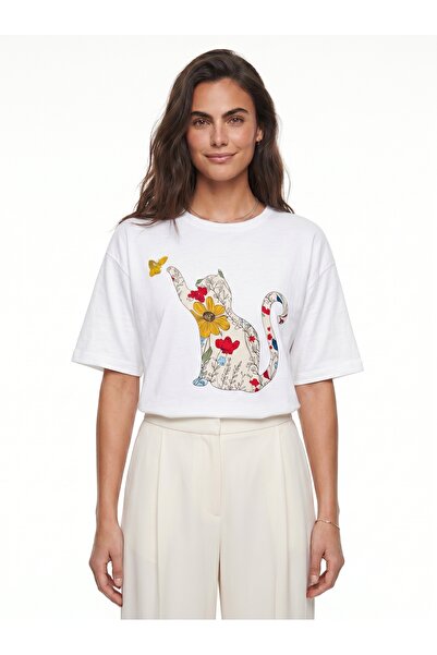 ONLOOX White Cotton Crew Neck Oversize Short Sleeve Cat Printed Soft Textured...