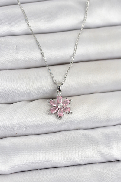 Generic Brand 316L Steel Chain Silver Color Pink Zircon Stone Lotus Model Wom...