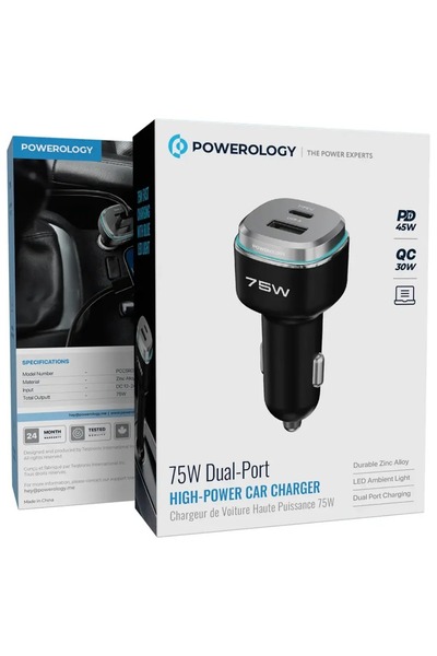 Powerology 75W Dual-Port High-Power Car Charger with Lightning Cable Black/ Grey