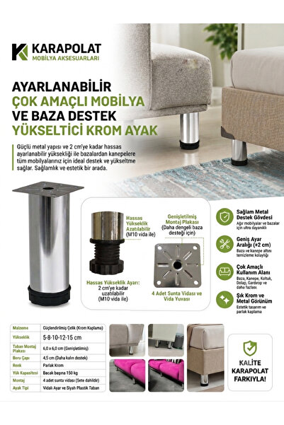 KARAPOLAT Ayarlanabilir Mobilya Kanepe Baza Koltuk Metal Destek Yükseltici Ay...