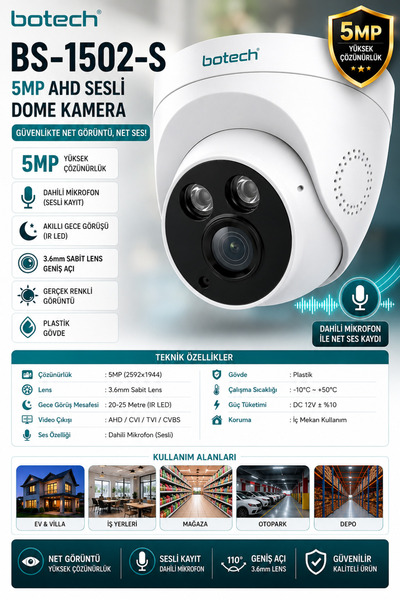 IRONSTAR BS-1502-S BOTECH 5MP 3.6mm AHD SESLİ DOME KAMERA / DOME KAMERA / İÇ ...