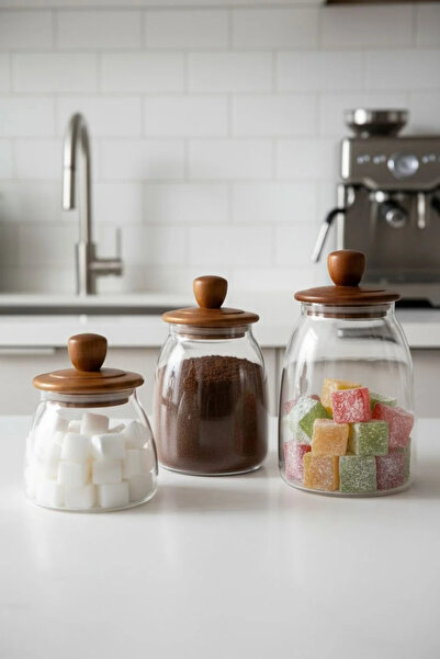 Bereketli Store Mien Herry Acacia Lid 3-Piece Glass Storage Jar Set 1.2 L