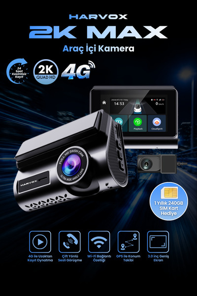 HARVOX Araç İçi Kamera 2K HD Görüntü WiFi GPS Özellikli Sim Kart Hediyeli 24 ...