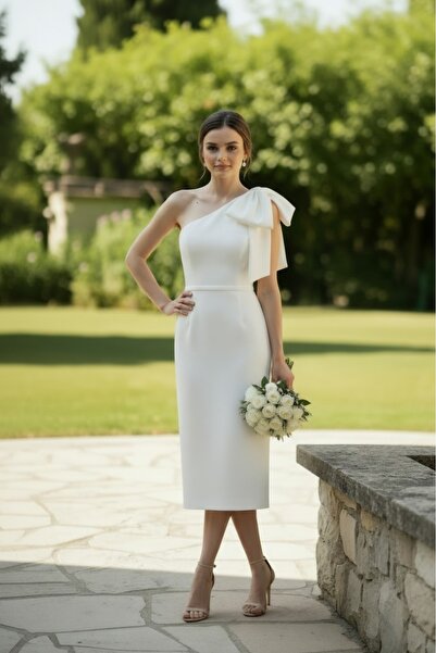 ENDAMIM Rochie de seară midi, cu un singur umăr, cu aspect fără bretele, cu ș...