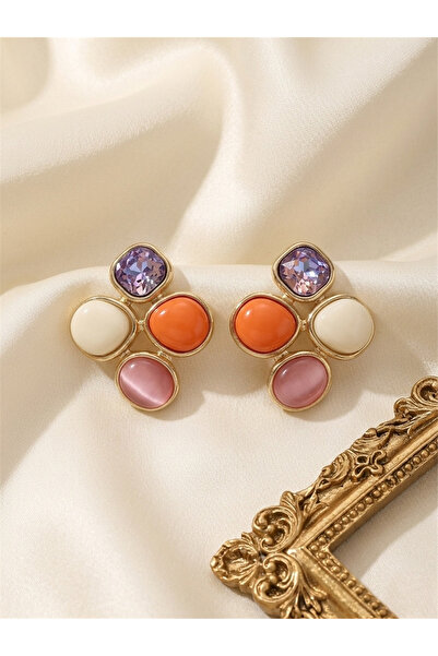 Pelin Aksesuar Orange Colored Geometric Cut Stone Earrings