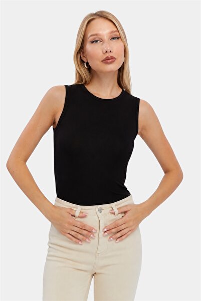 LAENT Women's Black Round Neck Basic Athlete Top