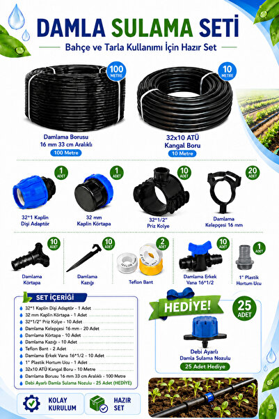 POELSAN Damla Sulama Seti 32x10 ATÜ Kangal Boru 10 Metre + 16 mm 100 Metre Da...