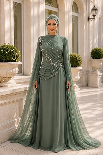 Rain and River Stone Embellished Hijab Evening Dress with Cape Detail