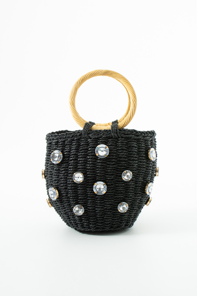 LOTUSVİE Black Crystal Stone Straw Handbag