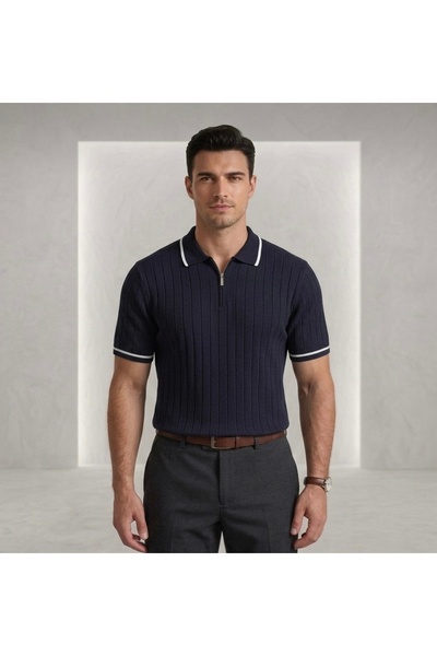 Jared Yakalı Şerit Çizgili Yarım Fermuar Triko Erkek Polo Yaka T-Shirt
