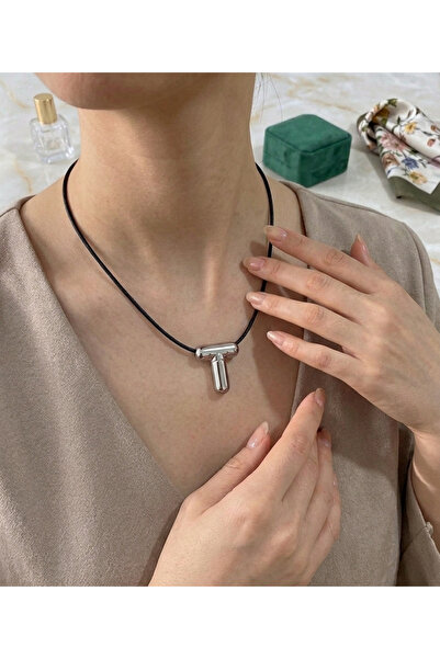 FM 💎   Premium Silver Color Shiny 316L Steel Letter t Leather Cord Necklace ...