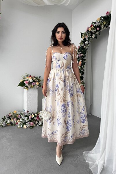 Caddebostan Moda فستان صيفي متوسط الطول بتفاصيل حزام مزين بالزهور