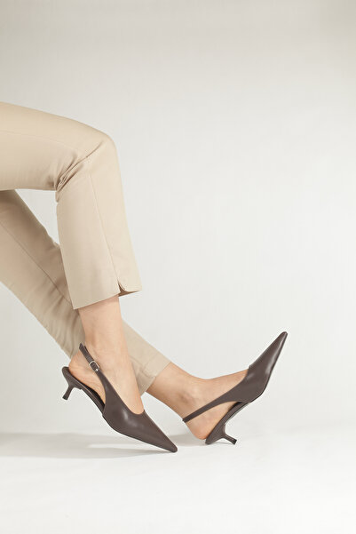 PİMORA Brown Leather Pointed Toe Open Back Classic Mouth Buckle 4 cm Thin Hee...