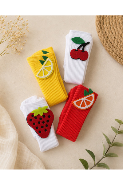ues Felt Detailed Cotton Children's Socks with Fruit Figures, Set of 4