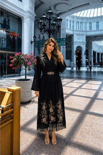 rozashop Gold Floral Embroidered Dress